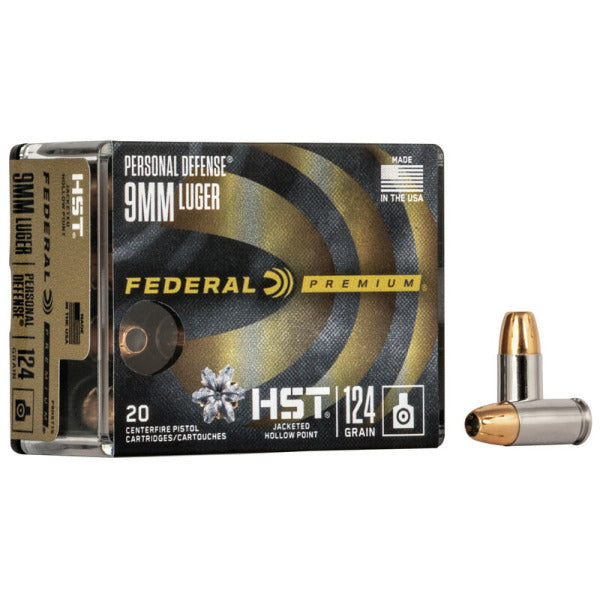 Federal Premium Personal Defense 9mm Luger Ammunition 124 Grain HST Jacketed Hollow Point Box of 20