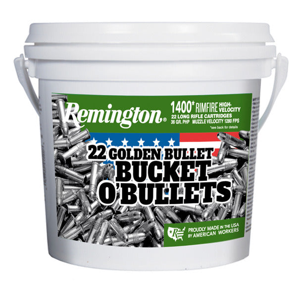Remington Golden Bullet Bucket O' Bullets 22 Long Rifle Ammunition 36 Grain Plated Hollow Point Box of 1400