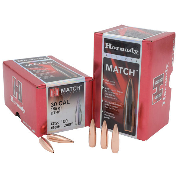 Hornady Match 30 Caliber (.308 Diameter) Bullets 155 grain Boat Tail Hollow Point Each of 100