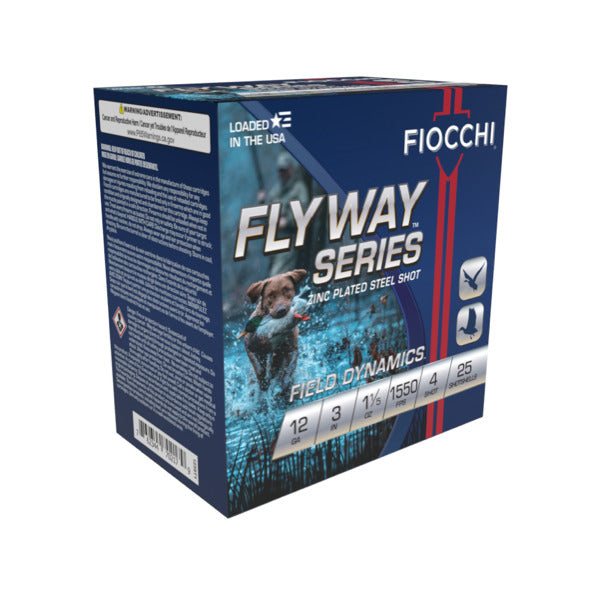 Fiocchi Flyway Series 12 Gauge Ammunition 3" #4 1-1/5 oz 1550 fps Zinc Plated Steel Steel Shot Box of 25