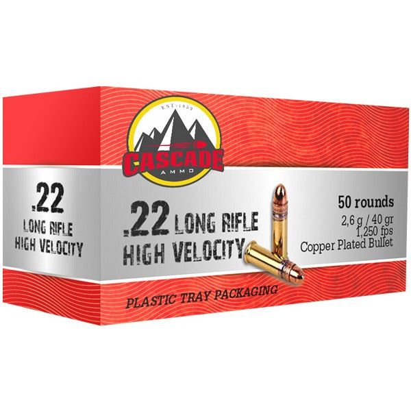 Cascade High Velocity 22 Long Rifle Ammunition 40 Grain Copper Plated Round Nose Box of 50