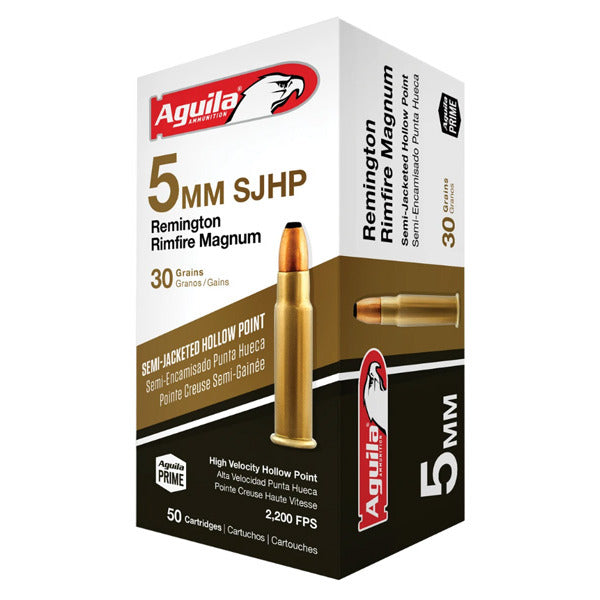 Aguila 5mm Remington Rimfire Magnum Ammunition 30 Grain Semi Jacketed Hollow Point Box of 50