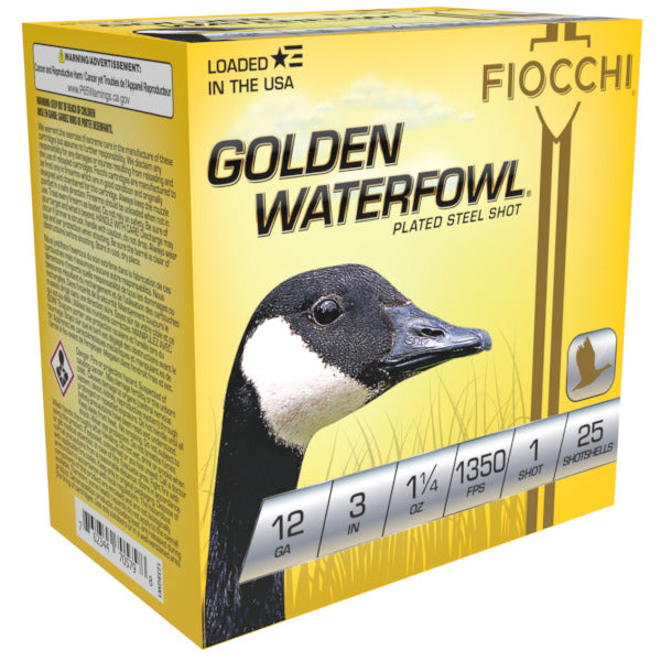 Fiocchi Golden Waterfowl 12 Gauge Ammunition 3" #1 1-1/4 oz 1350 fps Zinc Plated Steel Steel Shot Box of 25