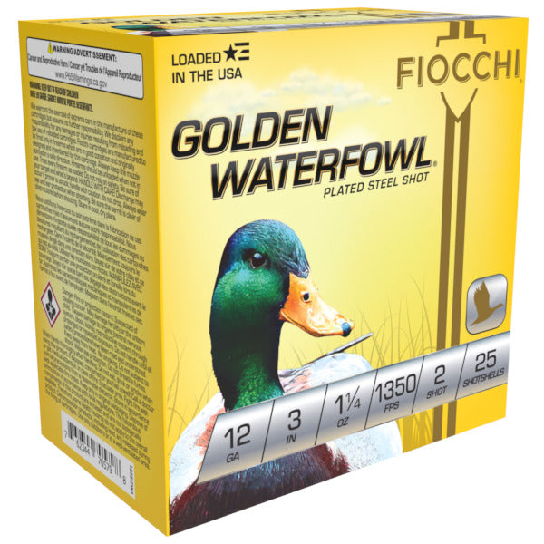 Fiocchi Golden Waterfowl 12 Gauge Ammunition 3" #2 1-1/4 oz 1350 fps Zinc Plated Steel Steel Shot Box of 25