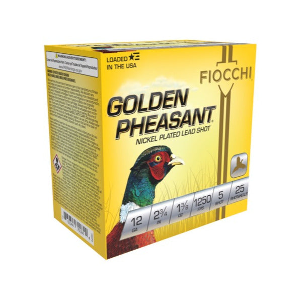 Fiocchi Golden Pheasant 12 Gauge Ammunition 2-3/4" #5 1-3/8 oz 1250 fps Nickel Plated Box of 25