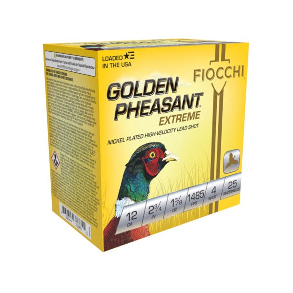 Fiocchi Golden Pheasant 12 Gauge Ammunition 2-3/4" #4 1-3/8 oz 1485 fps Nickel Plated Box of 25