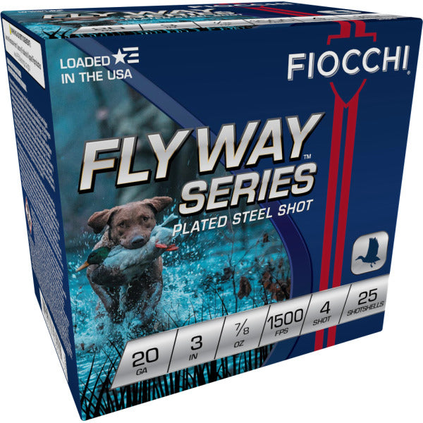 Fiocchi Flyway Series 20 Gauge Ammunition 3" #4 7/8 oz 1500 fps Zinc Plated Steel Steel Shot Box of 25