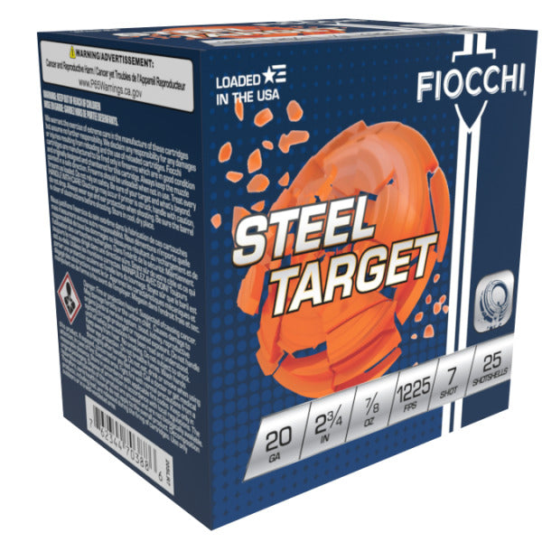 Fiocchi Steel Target 20 Gauge Ammunition 2-3/4" #7 7/8 oz 1225 fps Steel Steel Shot Box of 25