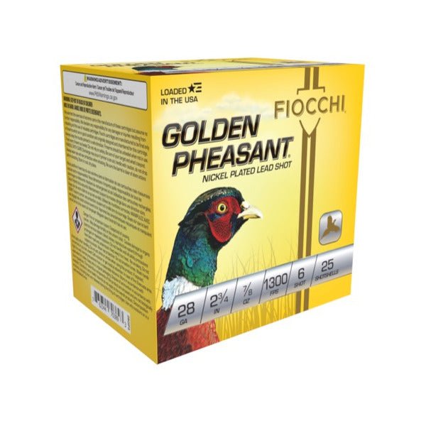 Fiocchi Golden Pheasant 28 Gauge Ammunition 2-3/4" #6 7/8 oz 1300 fps Nickel Plated Box of 25
