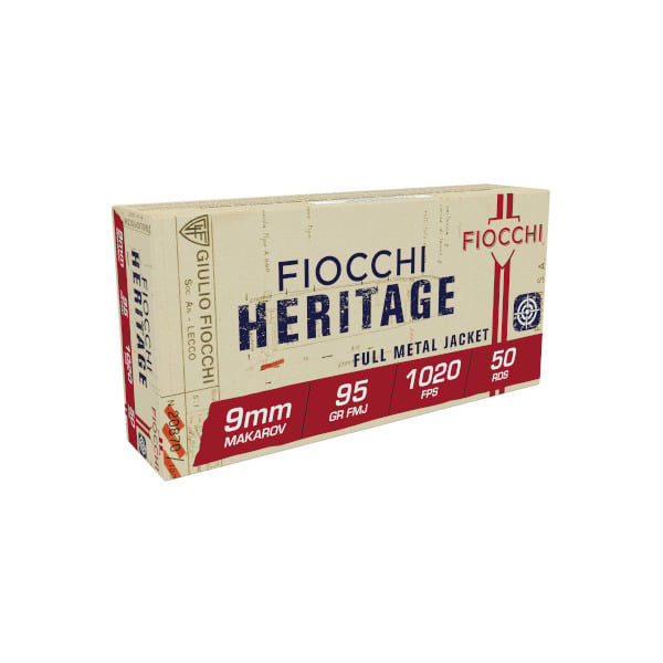 Fiocchi Heritage 9mm Makarov (9x18mm Makarov) Ammunition 95 Grain Full Metal Jacket Box of 50