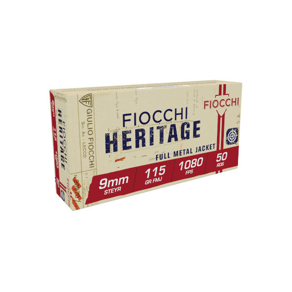 Fiocchi Heritage 9mm Steyr Ammunition 115 Grain Full Metal Jacket Box of 50