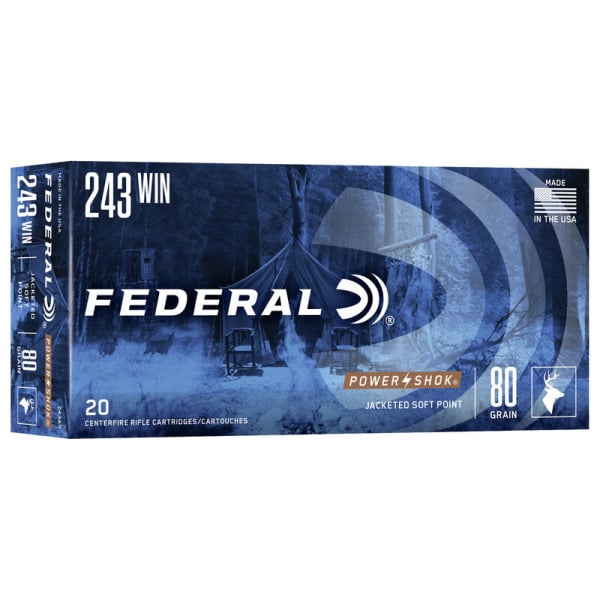 Federal Premium Power-Shok 243 Winchester Ammunition 80 Grain Jacketed Soft Point Box of 20