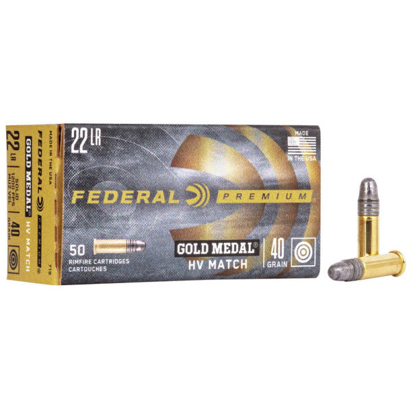 Federal Premium Gold Medal HV Match 22 Long Rifle Ammunition 40 Grain Lead Round Nose Box of 50