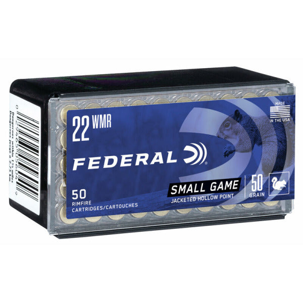 Federal Premium Small Game 22 WMR (Winchester Magnum Rimfire) Ammunition 50 Grain Jacketed Hollow Point Box of 50