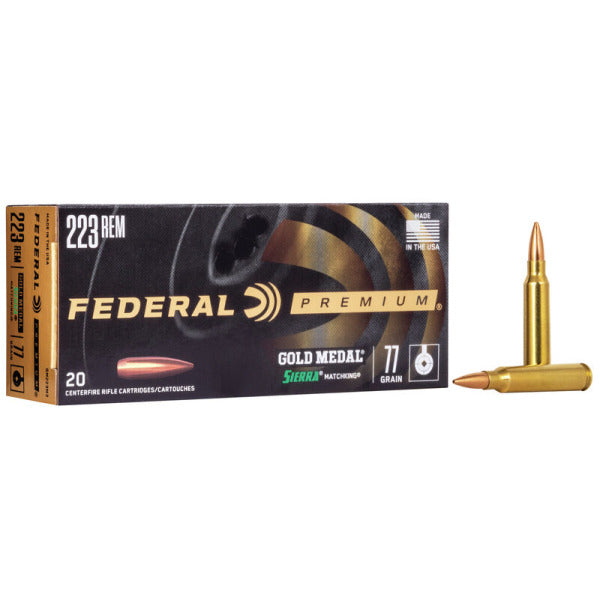 Federal Premium Gold Medal 223 Remington Ammunition 77 Grain Sierra Matchking Boat Tail Hollow Point Box of 20