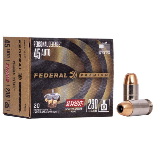 Federal Premium Personal Defense 45 ACP Ammunition 230 Grain Hydra-Shok Jacketed Hollow Point Box of 20