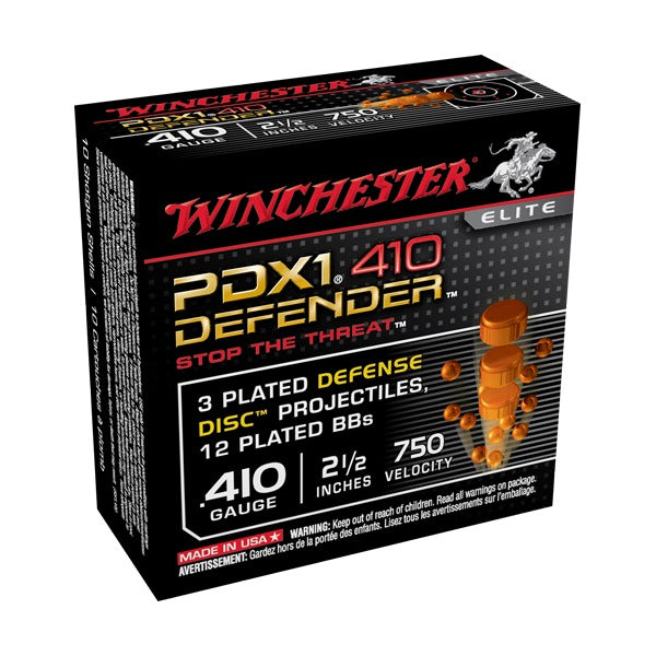 Winchester Defender 410 Bore Ammunition 2-1/2" #3 Plated Discs, 12 Plated BB 750 fps Plated Box of 10