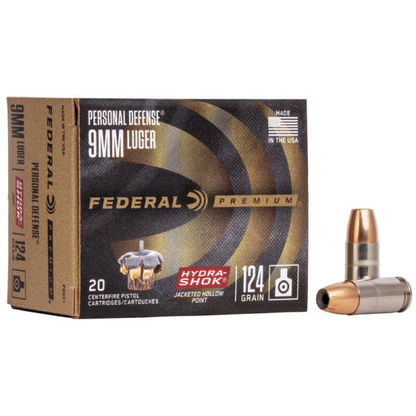 Federal Premium Personal Defense 9mm Luger Ammunition 124 Grain Jacketed Hollow Point Box of 20