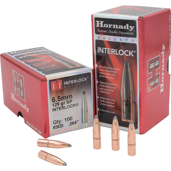 Hornady InterLock 264 Caliber, 6.5mm (.264 Diameter) Bullets 129 grain Spire Point Box of 100