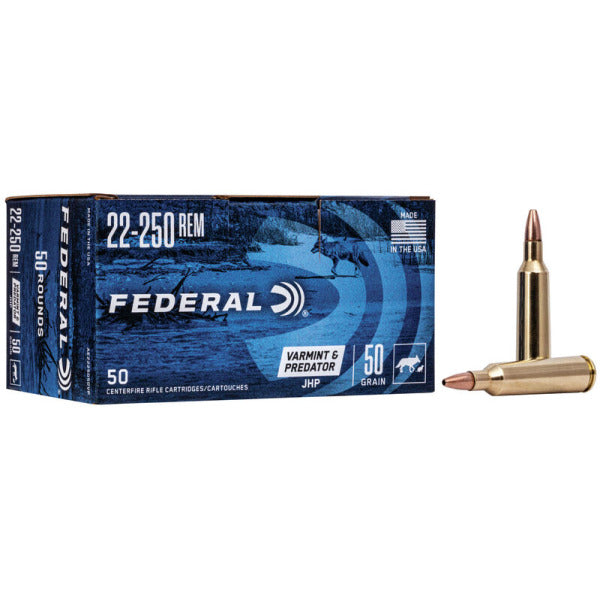 Federal Premium Varmint & Predator 22-250 Remington Ammunition 50 Grain Jacketed Hollow Point Box of 50