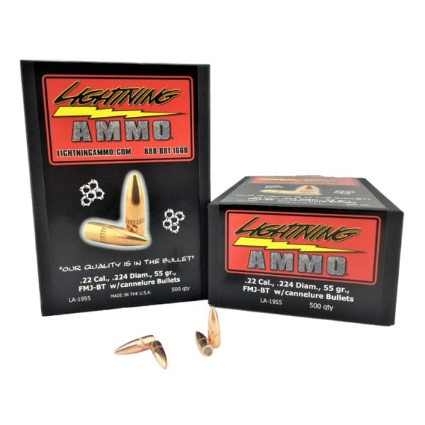 Lightning 22 Caliber (.224 Diameter) Bullets 55 grain Full Metal Jacket with Cannelure Box of 500