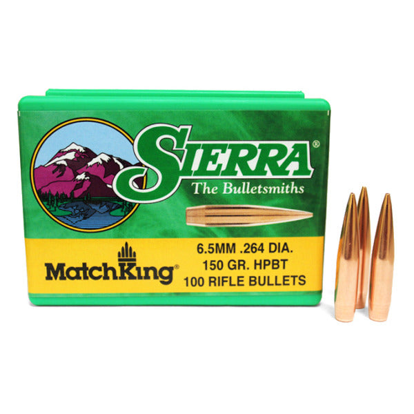 Sierra MatchKing 264 Caliber, 6.5mm (.264 Diameter) Bullets 150 grain Boat Tail Hollow Point Box of 100