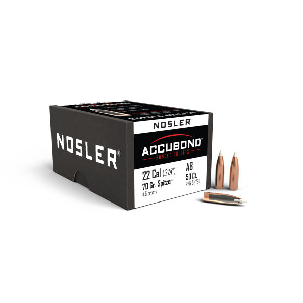 Nosler AccuBond 22 Caliber (.224 Diameter) Bullets 70 grain Bonded Polymer Tip Box of 50