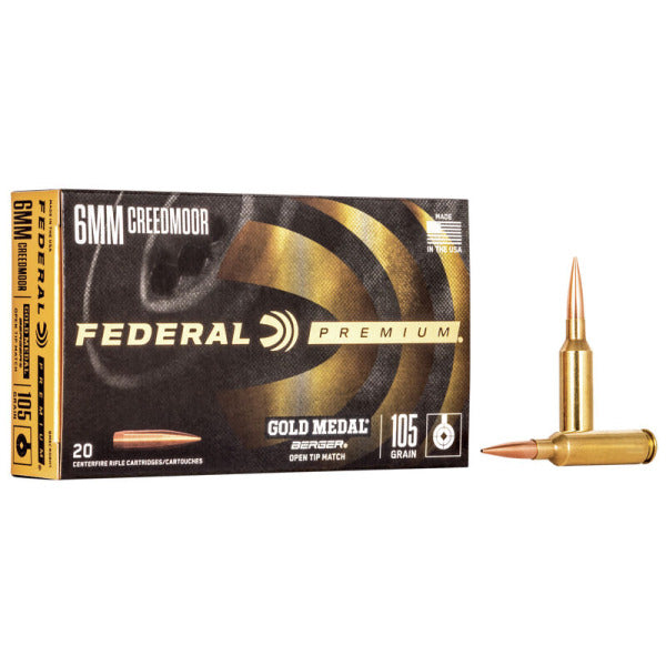 Federal Premium Gold Medal 6mm Creedmoor Ammunition 105 Grain Berger Hybrid Target Jacketed Hollow Point Box of 20
