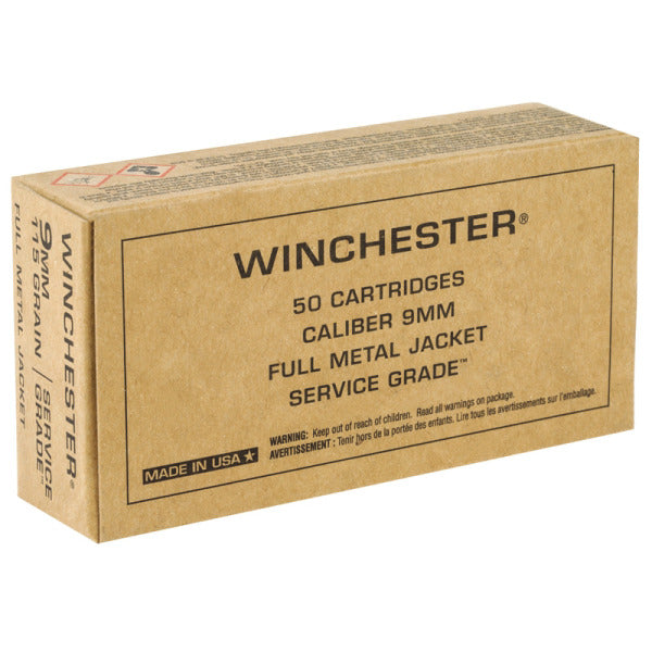Winchester Service Grade 9mm Luger Ammunition 115 Grain Full Metal Jacket Box of 50