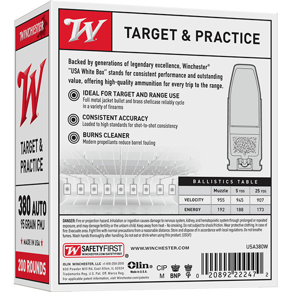 Winchester White Box 380 ACP Ammunition 95 Grain Full Metal Jacket Box of 200
