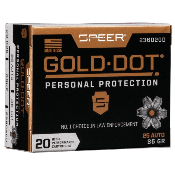 Speer Gold Dot 25 ACP Ammunition 35 Grain Hollow Point Box of 20