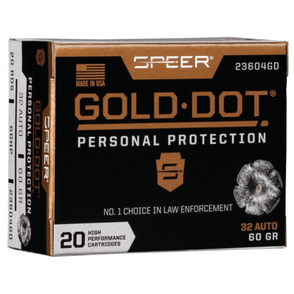 Speer Gold Dot 32 ACP Ammunition 60 Grain Hollow Point Box of 20