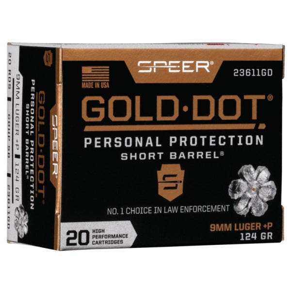 Speer Gold Dot Short Barrel 9mm Luger +P Ammunition 124 Grain Hollow Point Box of 20