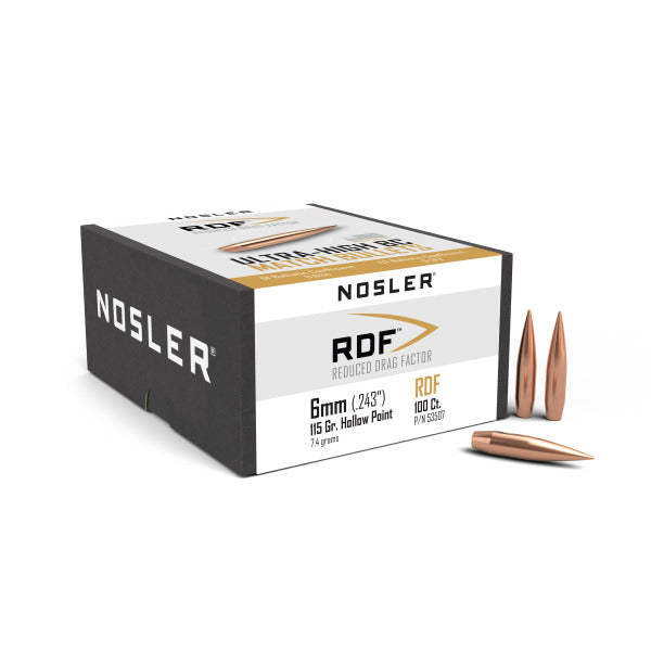 Nosler RDF 243 Caliber, 6mm (.243 Diameter) Bullets 115 grain Boat Tail Hollow Point Box of 100