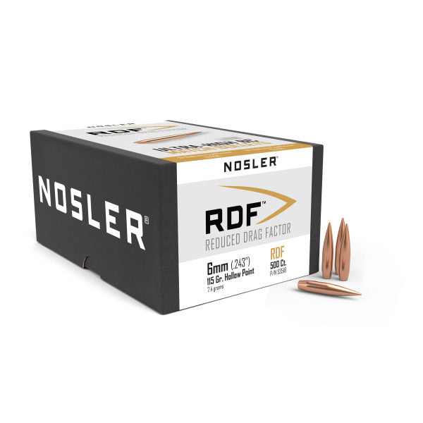 Nosler RDF 243 Caliber, 6mm (.243 Diameter) Bullets 115 grain Boat Tail Hollow Point Box of 500