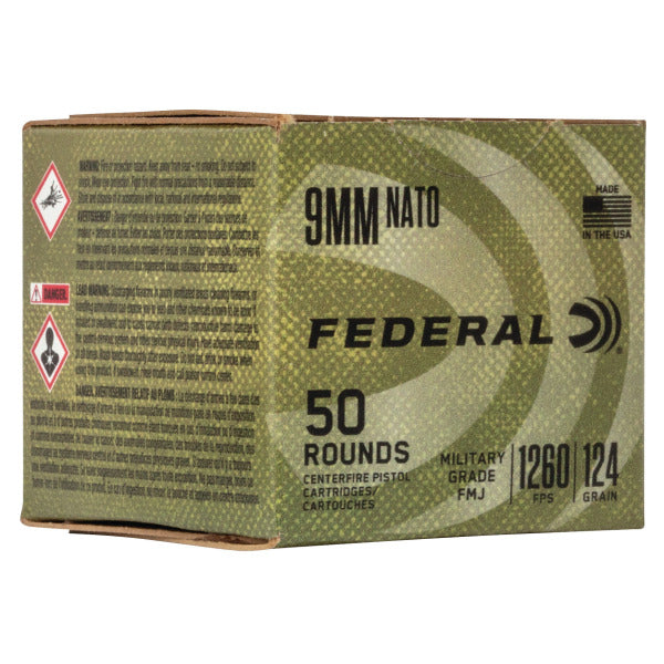 Federal Premium Military Grade 9mm NATO Ammunition 124 Grain Full Metal Jacket Box of 50