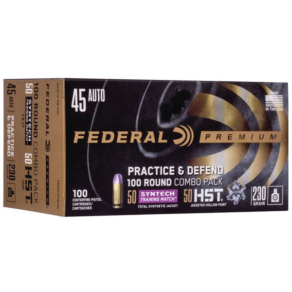 Federal Premium Practice & Defense 45 ACP Ammunition 230 Grain TSJ & JHP Combo Box of 100