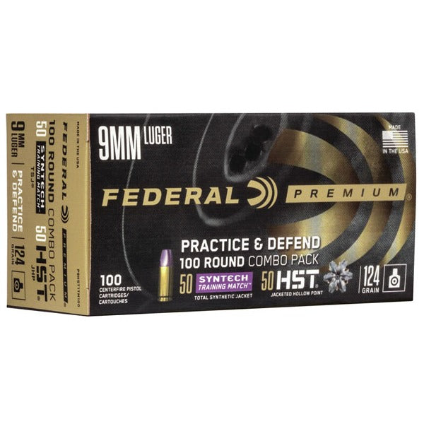 Federal Premium Practice & Defense 9mm Luger Ammunition 124 Grain TSJ & JHP Combo Box of 100