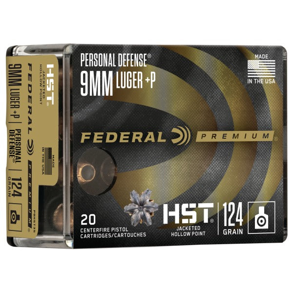 Federal Premium Personal Defense 9mm Luger +P Ammunition 124 Grain HST Jacketed Hollow Point Box of 20