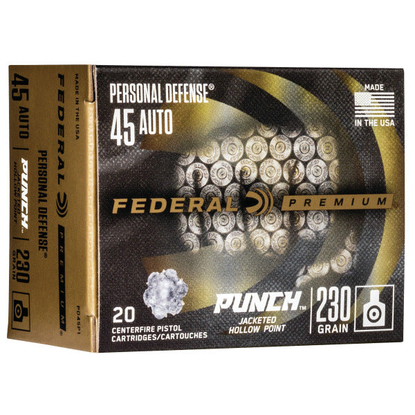 Federal Premium Personal Defense Punch 45 ACP Ammunition 230 Grain Jacketed Hollow Point Box of 20