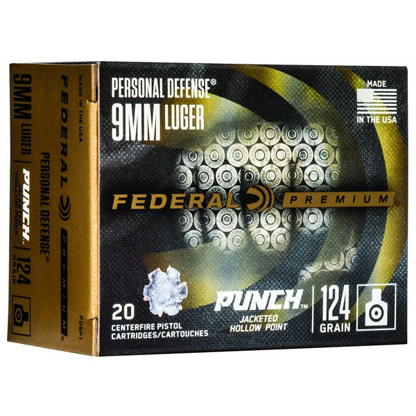 Federal Premium Personal Defense Punch 9mm Luger Ammunition 124 Grain Jacketed Hollow Point Box of 20