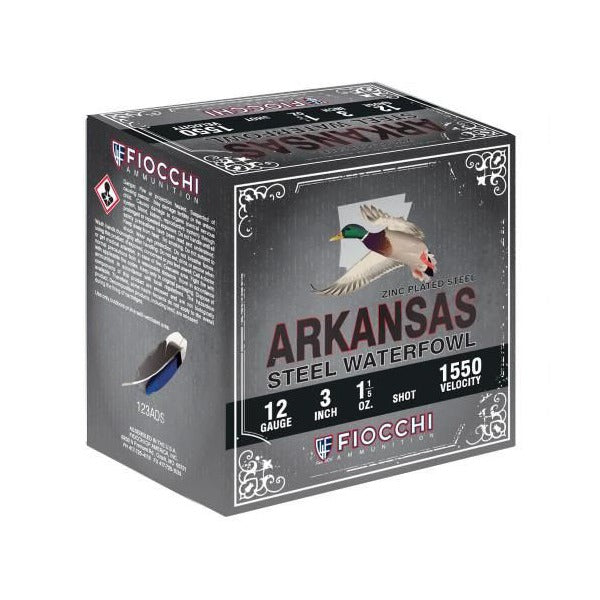 Fiocchi Arkansas Steel 12 Gauge Ammunition 3" #4 1-1/5 oz 1550 fps Zinc Plated Steel Steel Shot Box of 100