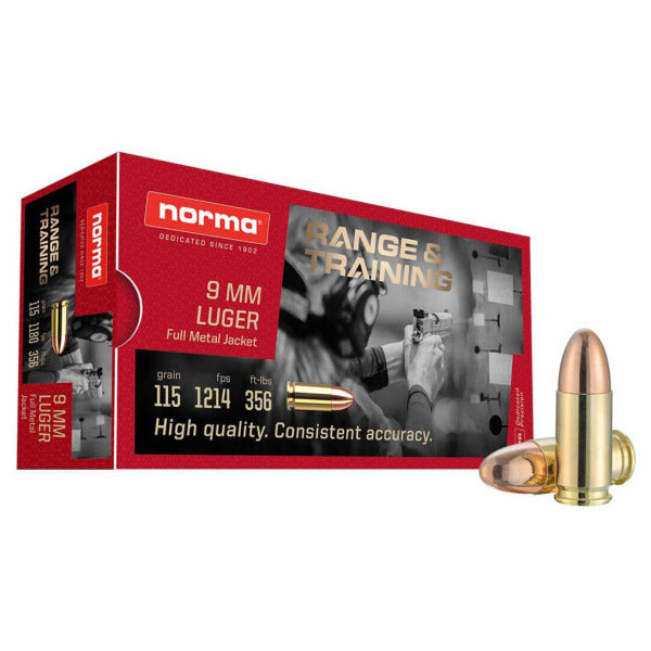 Norma Range & Training 9mm Luger Ammunition 115 Grain Full Metal Jacket Box of 50