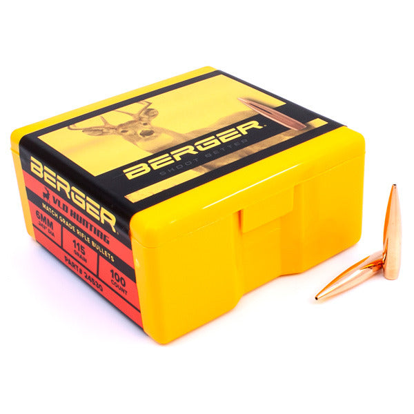 Berger VLD Hunting 243 Caliber, 6mm (.243 Diameter) Bullets 115 grain Boat Tail Hollow Point Box of 100
