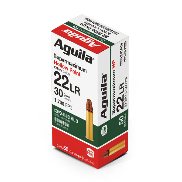 Aguila Super Max 22 Long Rifle Ammunition 30 Grain Plated Hollow Point Box of 50
