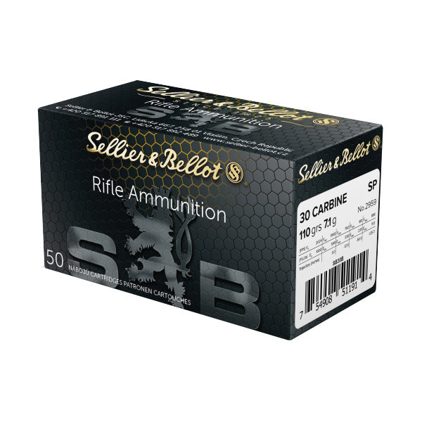 Sellier & Bellot 30 M1 Carbine Ammunition 110 Grain Jacketed Soft Point Box of 50