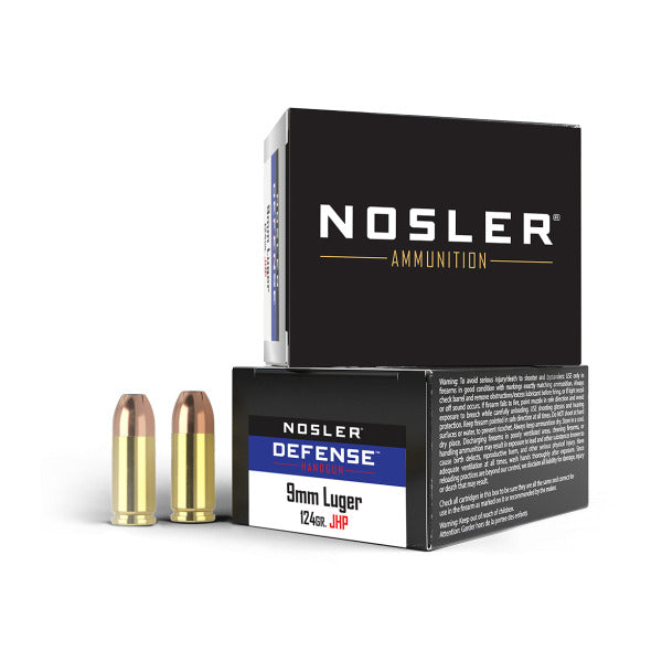 Nosler Defense 9mm Luger +P Ammunition 124 Grain Jacketed Hollow Point Box of 20