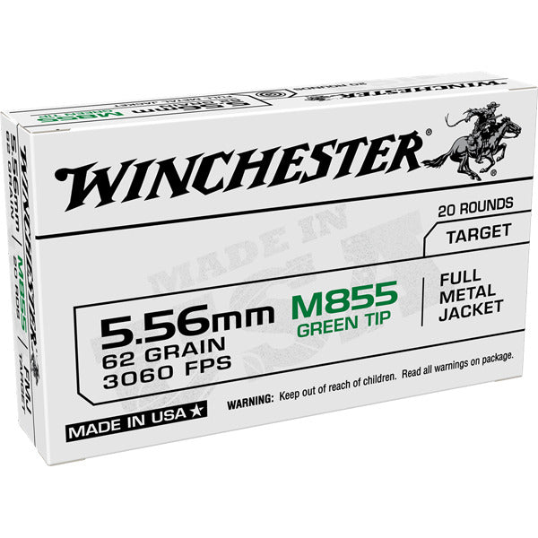 Winchester M855 SS109 5.56x45mm NATO Ammunition 62 Grain Penetrator Full Metal Jacket Box of 20