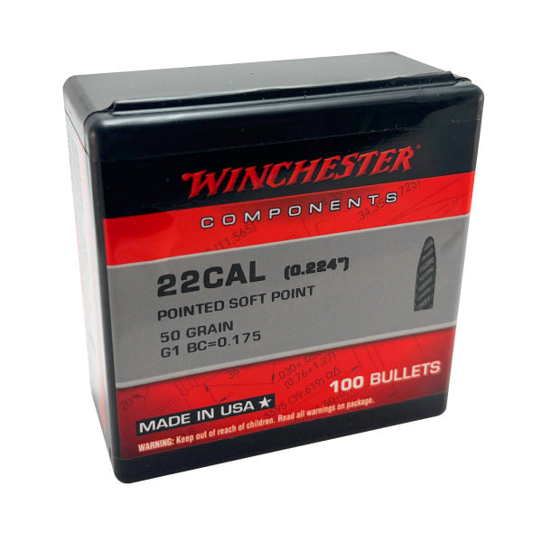 Winchester 22 Caliber (.224 Diameter) Bullets 50 grain Pointed Soft Point Box of 10