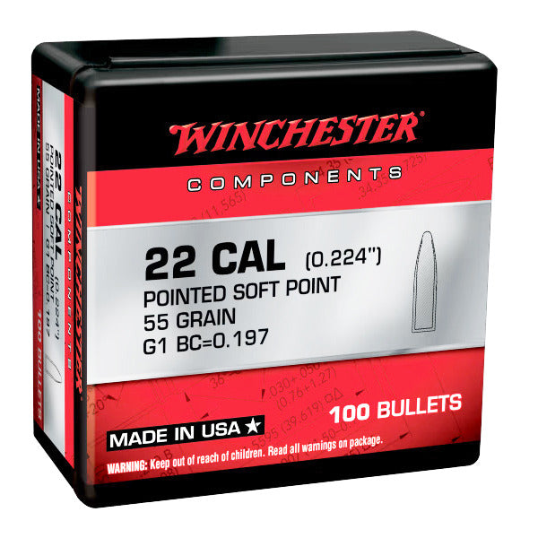Winchester 22 Caliber (.224 Diameter) Bullets 55 grain Pointed Soft Point Box of 10